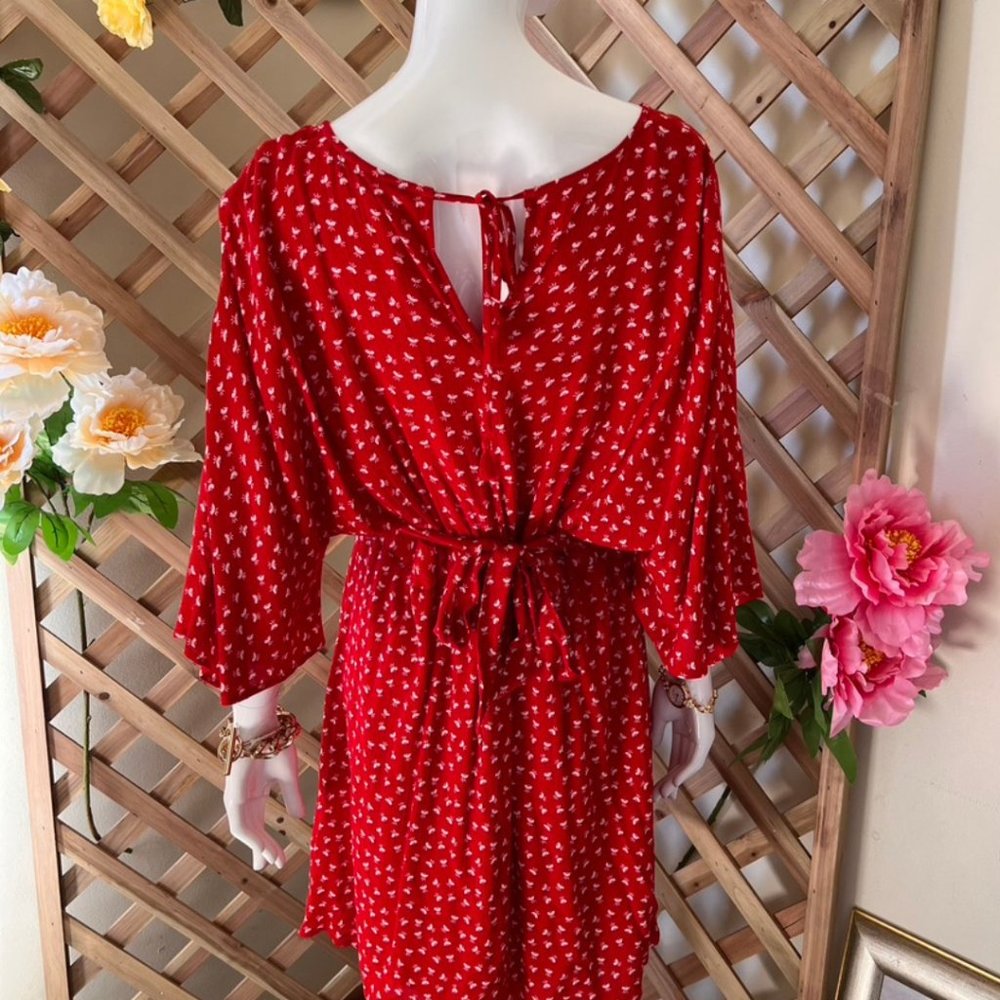 Stella Dress 12AU Red White Wrap Tie Waist leaves patterns V-Neck 3/4 Sleeves - Picture 5 of 10